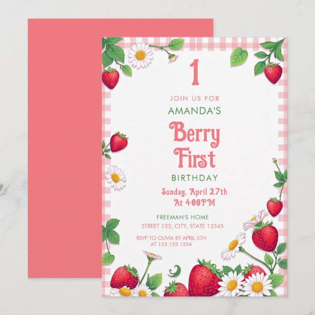 Invitación Primer cumpleaños de un Chica de fresa de Gingham  (Anverso / Reverso)