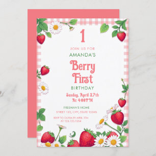 Invitación Primer cumpleaños de un Chica de fresa de Gingham