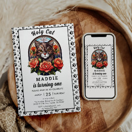 Invitación Primer cumpleaños de un Chica de gato lindo