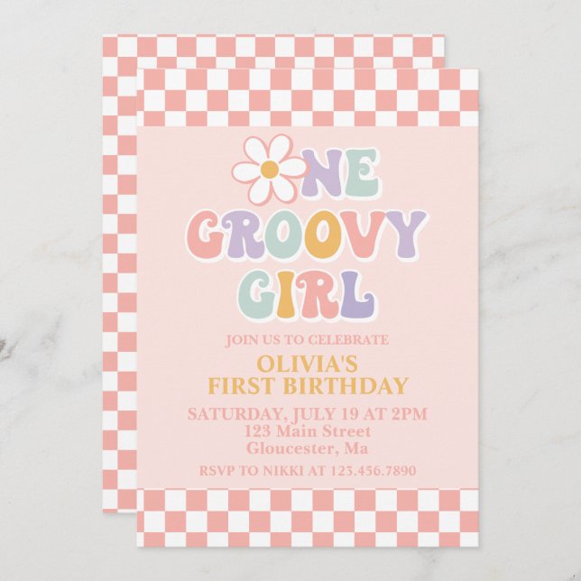 Invitación Primer cumpleaños de un Chica retro Chica de Groov (Anverso / Reverso)
