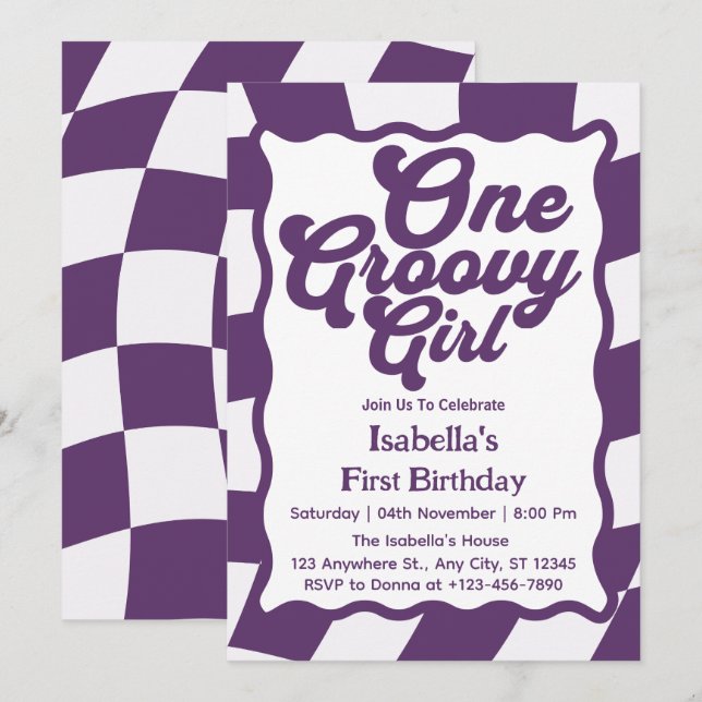 Invitación Primer cumpleaños de un Chica retro Chica de Groov (Anverso / Reverso)
