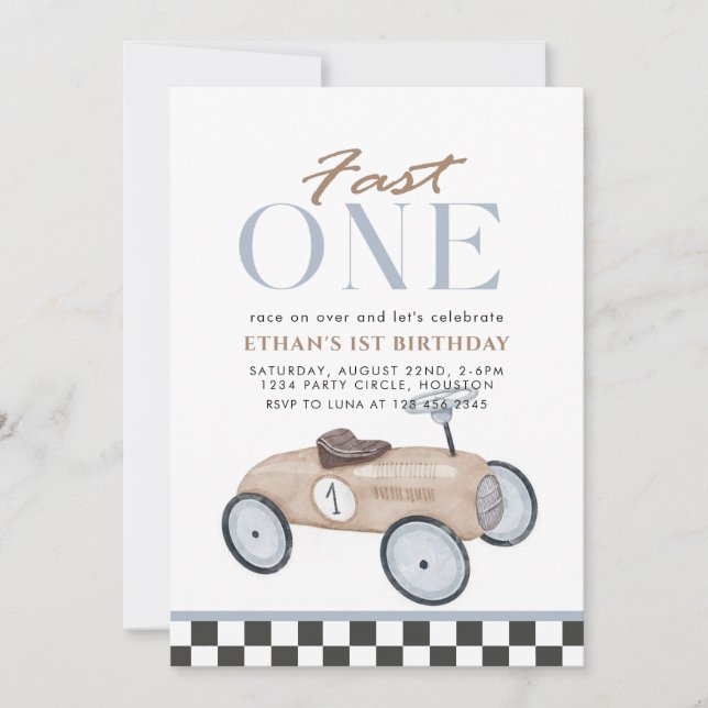Invitación Primer cumpleaños de un coche de Carreras rápida (Anverso)