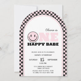 Invitación Primer cumpleaños de un feliz bebé retro rosado