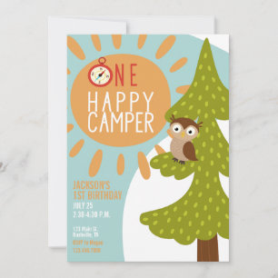 Invitación Primer cumpleaños de un feliz camper al aire libre