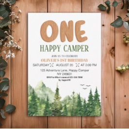 Invitación Primer cumpleaños de un feliz Camper Rustic Green