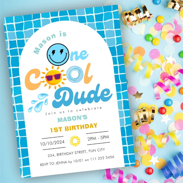 Invitación Primer cumpleaños de un Fiesta de verano de Guay D (One Cool Dude Summer Pool Party 1st Birthday Invitation)