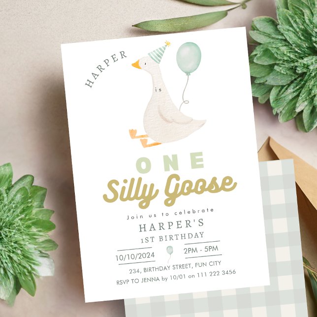 Invitación Primer cumpleaños de un género groso y tonto (One Silly Goose Gender Neutral 1st Birthday Invitation)