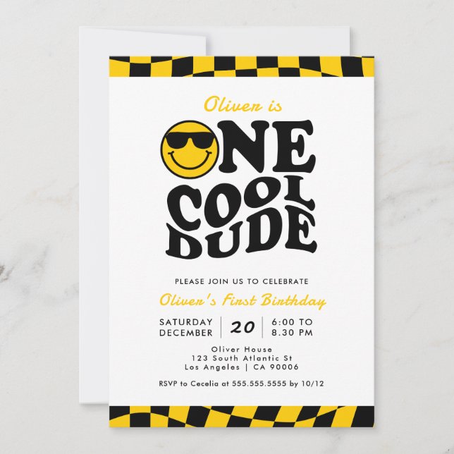 Invitación Primer cumpleaños de un Guay Dude Yellow Wavy Smil (Anverso)