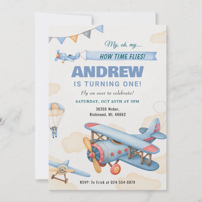 Invitación Primer cumpleaños de un niño con avión personal (Anverso)