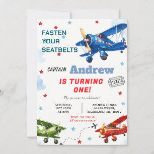 Invitación Primer cumpleaños de un niño en un avión digital p