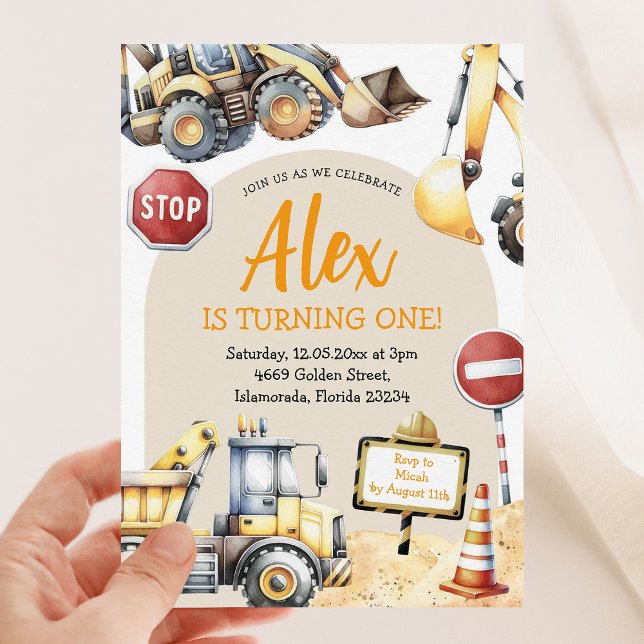 Invitación Primer cumpleaños de un niño moderno de la constru (Subido por el creador)