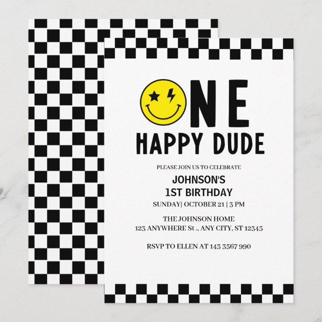 Invitación Primer cumpleaños de un tipo feliz (Anverso / Reverso)