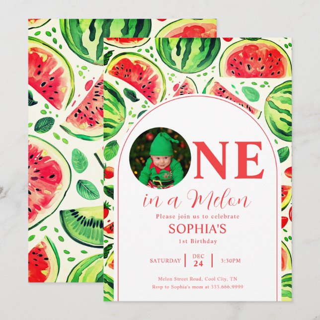 Invitación Primer Cumpleaños De Una Foto De Melón (Anverso / Reverso)