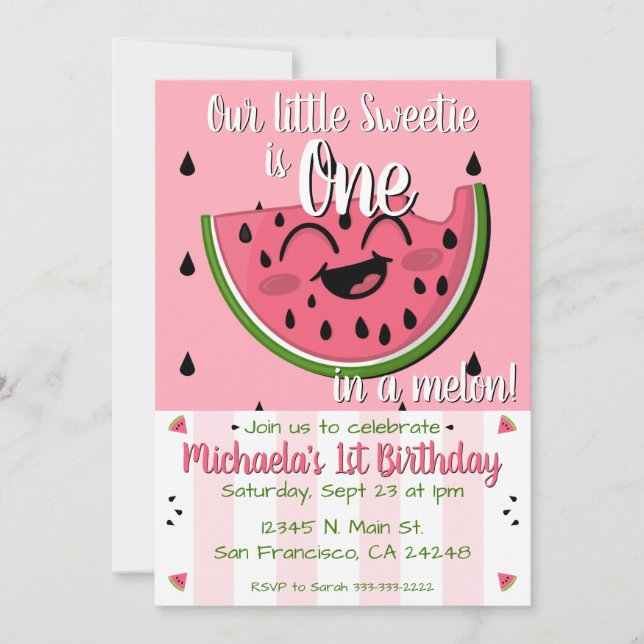 Invitación Primer cumpleaños de una sandía rosada en un melón (Anverso)