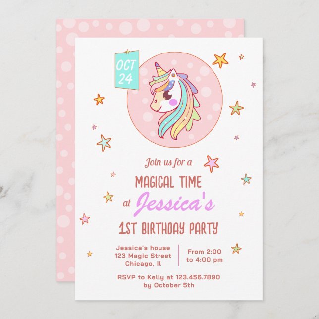 Invitación Primer cumpleaños de Unicornio, bebé arco iris en  (Anverso / Reverso)