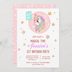 Invitación Primer cumpleaños de Unicornio, bebé arco iris en