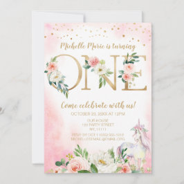 Invitación Primer cumpleaños de unicornio con flor de oro ros