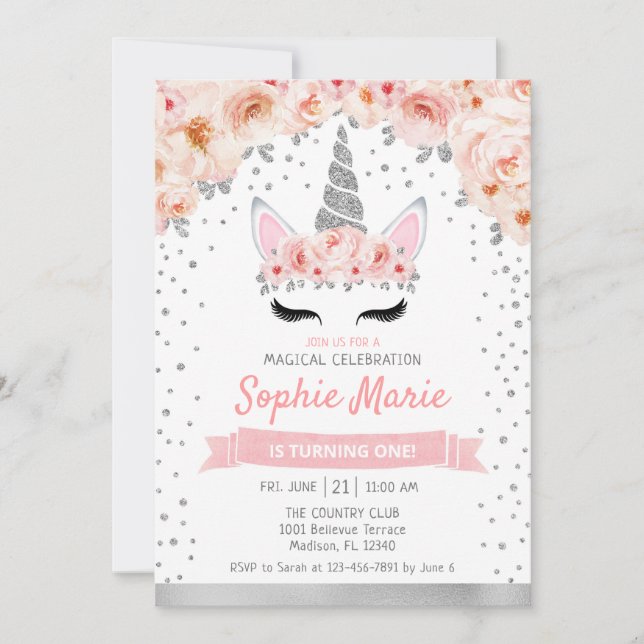 Invitación Primer cumpleaños de Unicornio - rosa plateado (Anverso)