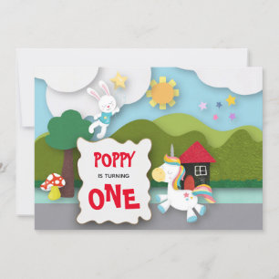 Invitación Primer cumpleaños de Unicornio y Bunny Landscape