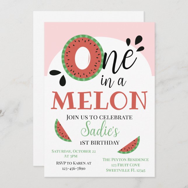 Invitación Primer cumpleaños de uno de los Chicas de Melón (Anverso / Reverso)