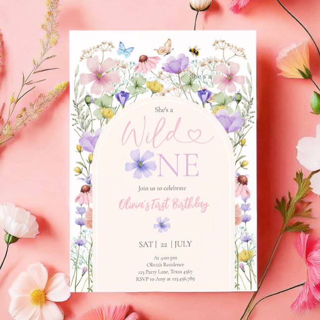 Invitación Primer cumpleaños de Wildflowers Floral Chica de F (Subido por el creador)