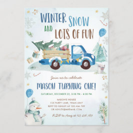 Invitación Primer cumpleaños de Winter Blue Truck Snow Fun Bo