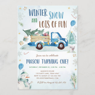 Invitación Primer cumpleaños de Winter Blue Truck Snow Fun Bo