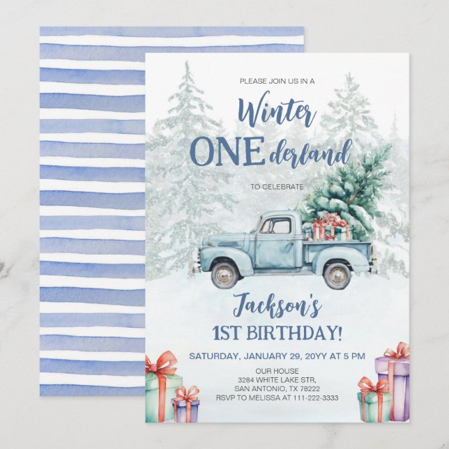 Invitación Primer cumpleaños de Winter Onederland Blue Truck (Anverso / Reverso)