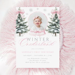 Invitación Primer cumpleaños de Winter ONEderland Pink Bow