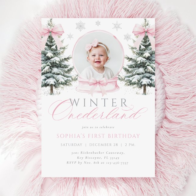 Invitación Primer cumpleaños de Winter ONEderland Pink Bow (Subido por el creador)