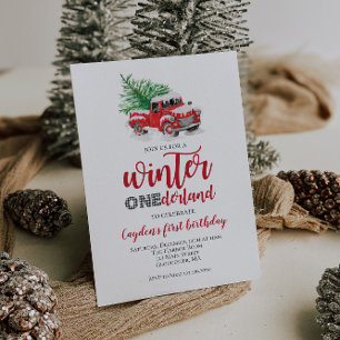Invitación Primer cumpleaños de Winter Onederland Red Truck