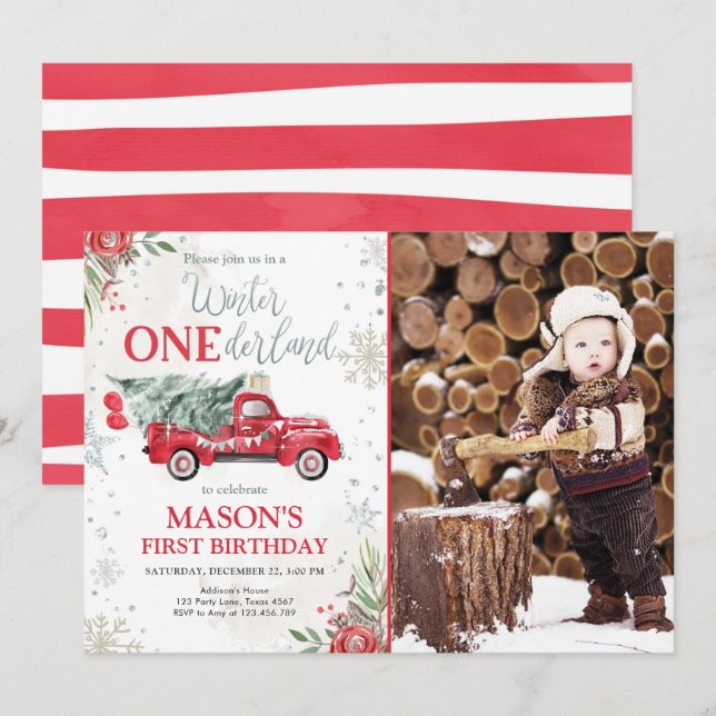 Invitación Primer cumpleaños de Winter Onederland Red Truck B (Anverso / Reverso)
