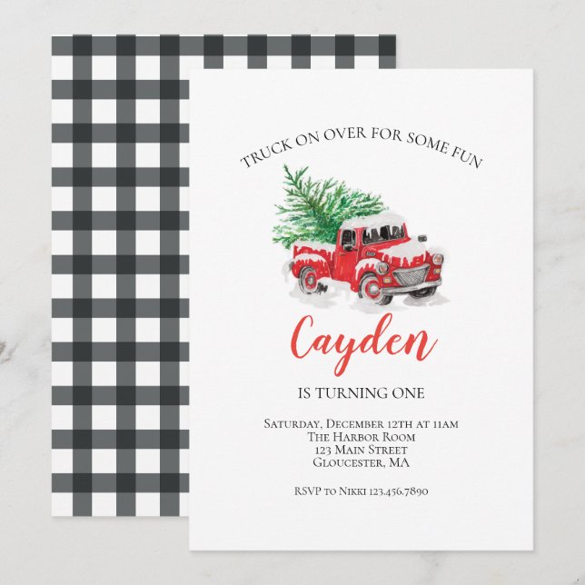 Invitación Primer cumpleaños de Winter Red Truck (Anverso / Reverso)