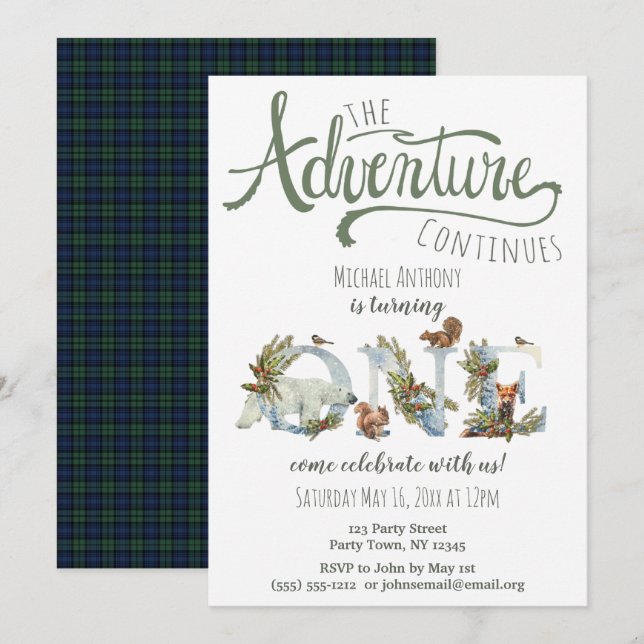 Invitación Primer cumpleaños de Woodland Adventure (Anverso / Reverso)