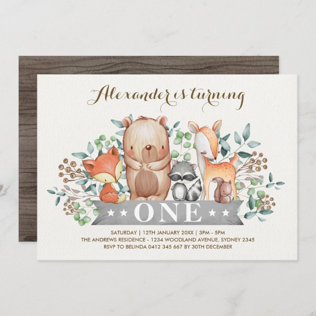 Invitación Primer cumpleaños de Woodland| Animales caprichoso (Anverso / Reverso)