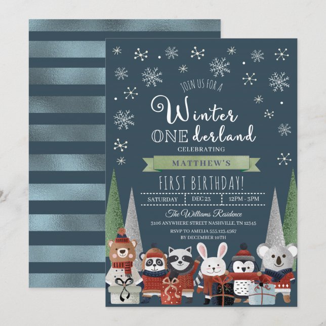 Invitación Primer cumpleaños de Woodland Winter Onederland (Anverso / Reverso)