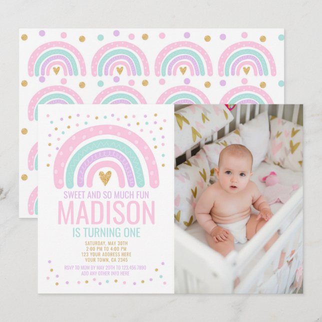 Invitación Primer cumpleaños del arco iris moderno (Anverso / Reverso)