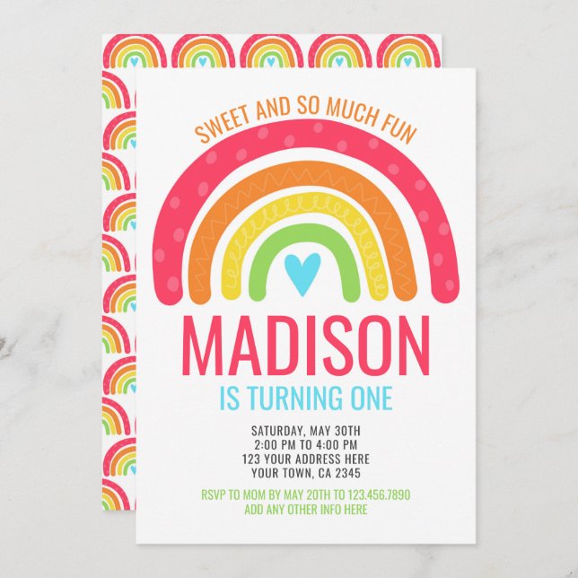 Invitación Primer cumpleaños del arco iris moderno (Anverso / Reverso)