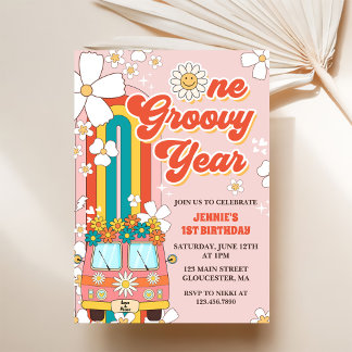 Invitación Primer cumpleaños del arco iris retro de un año gr