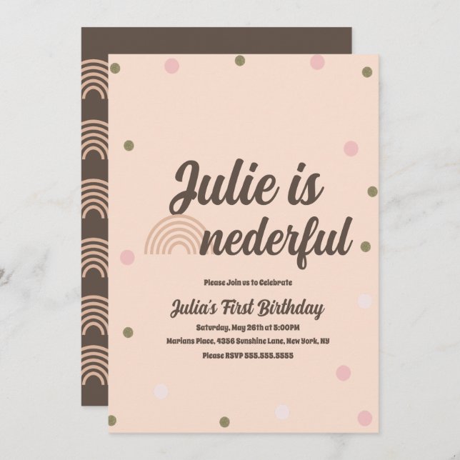 Invitación Primer cumpleaños del arcoiris bohemio maravilloso (Anverso / Reverso)