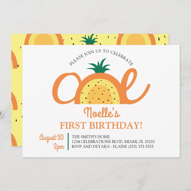 Invitación Primer cumpleaños del arcoiris Boho, piña (Anverso / Reverso)
