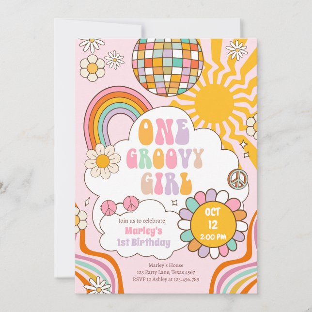 Invitación Primer cumpleaños del arcoiris de un Chica groovy  (Anverso)