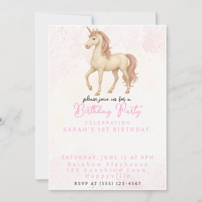 Invitación Primer cumpleaños del arcoiris de Unicornio mágico (Anverso)