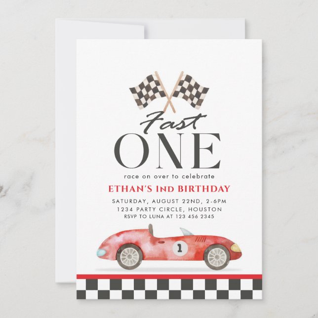 Invitación Primer cumpleaños del auto rojo de una Carreras rá (Anverso)