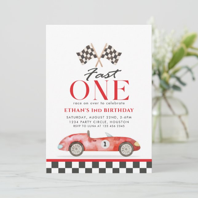 Invitación Primer cumpleaños del auto rojo de una Carreras rá (Anverso de pie)