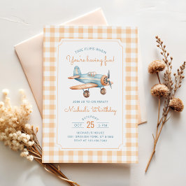 Invitación Primer cumpleaños del avión de Gingham Time Flies