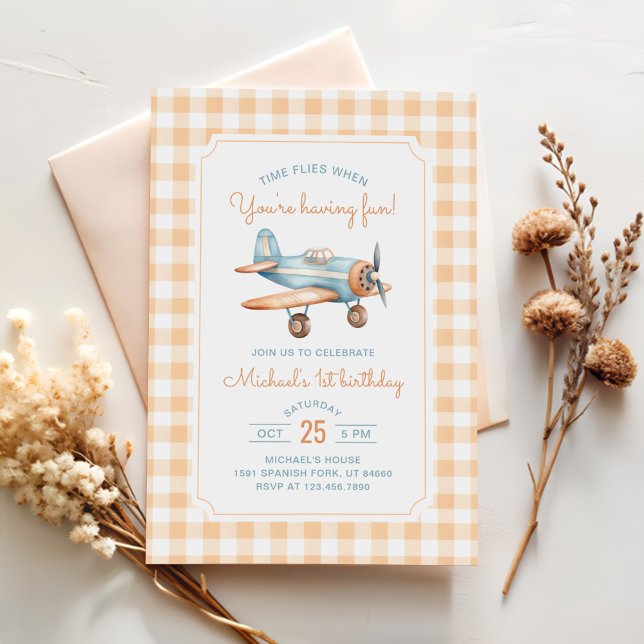 Invitación Primer cumpleaños del avión de Gingham Time Flies (Subido por el creador)
