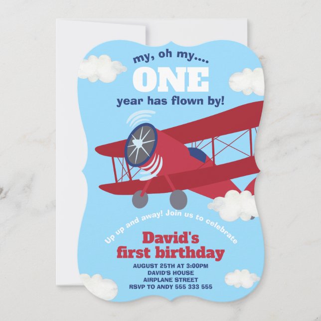 Invitación Primer cumpleaños del avión niño volado de un año (Anverso)