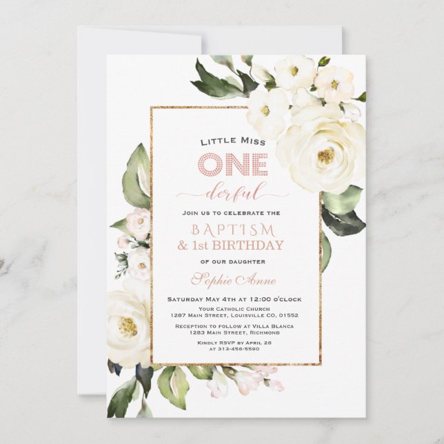Invitación Primer cumpleaños del bautismo floral blanco de or (Anverso)