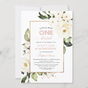 Invitación Primer cumpleaños del bautismo floral blanco de or